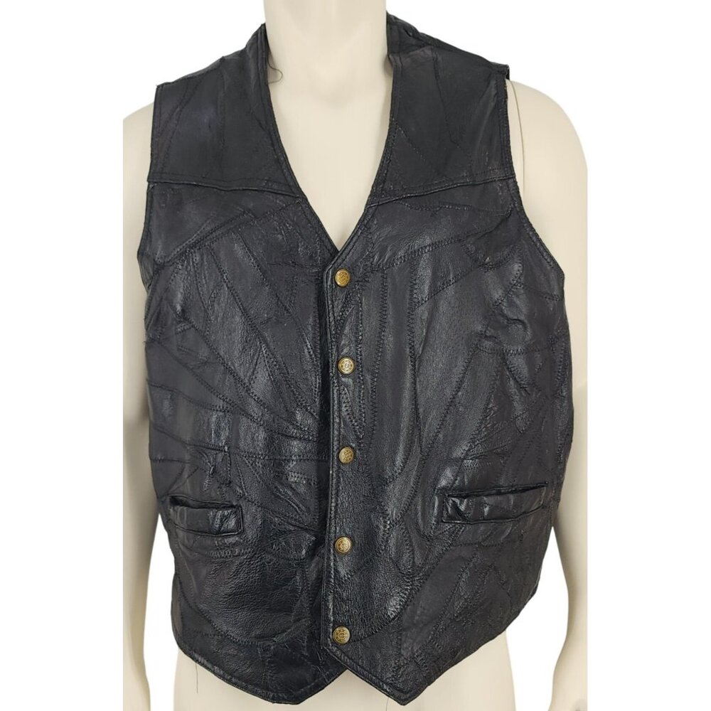 Men's Vintage Pugs Gear Black Leather Patchwork Vest Motorcycle XXL Snap Front